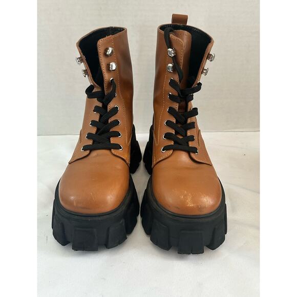 Marc Fisher LTD Happy Leather Boots Lace up Combat Tan Size 5.5 - Picture 2 of 11